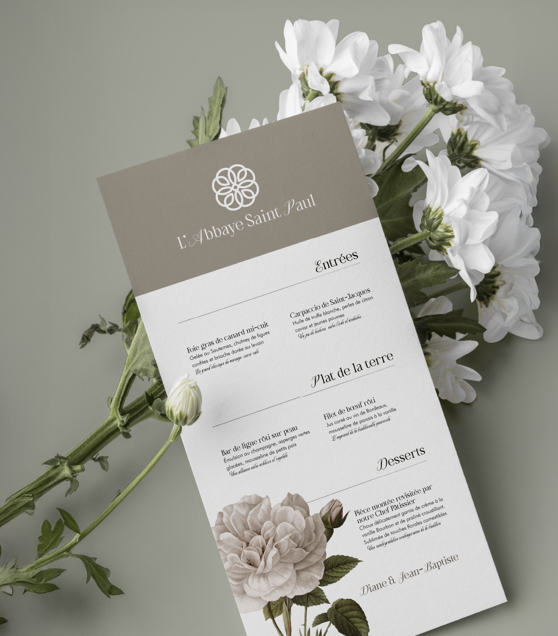 Menu repas pour le restaurant de l'Abbayes Saint Paul. Création d'un branding complet